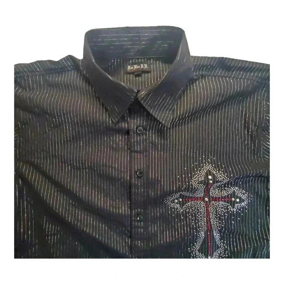 For Him London Men's Black Pinstripe Rhinestone Cross Button Up Shirt L - Picture 10 of 16